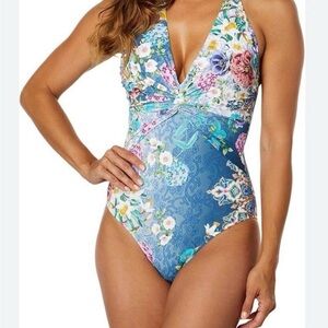 Johnny Was EUC 1 Piece Sady Blue Floral Halter Twist Front